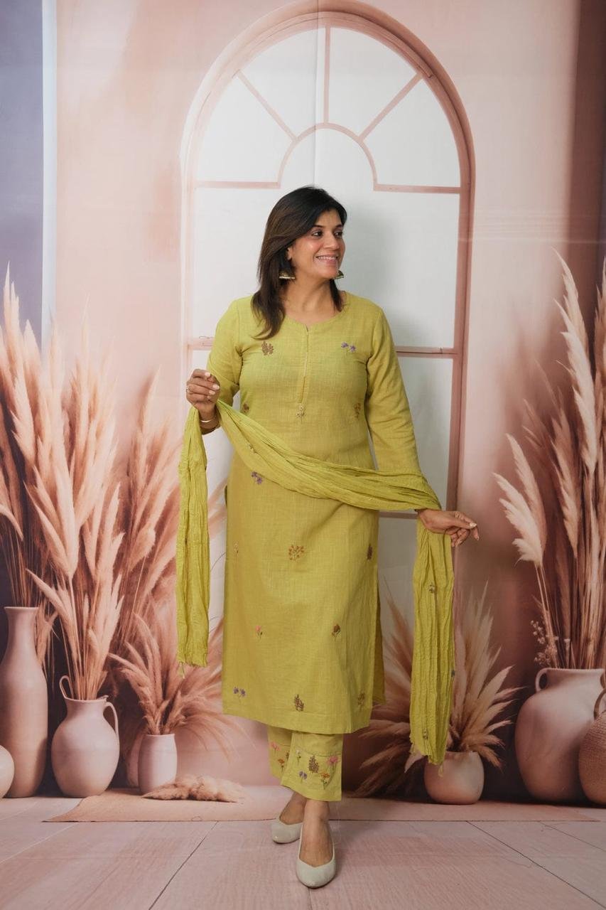 Green Cotton Khadi Kantha Work Suit Set